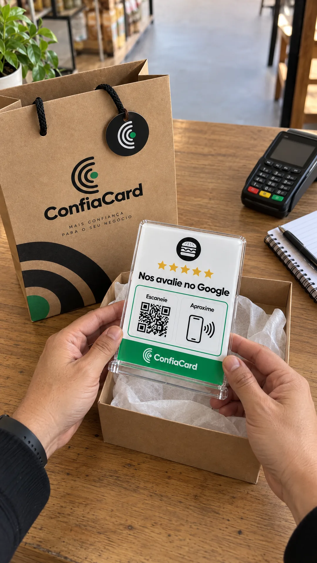 Plaquinha ConfiaCard sendo retirada da embalagem sobre o balcão